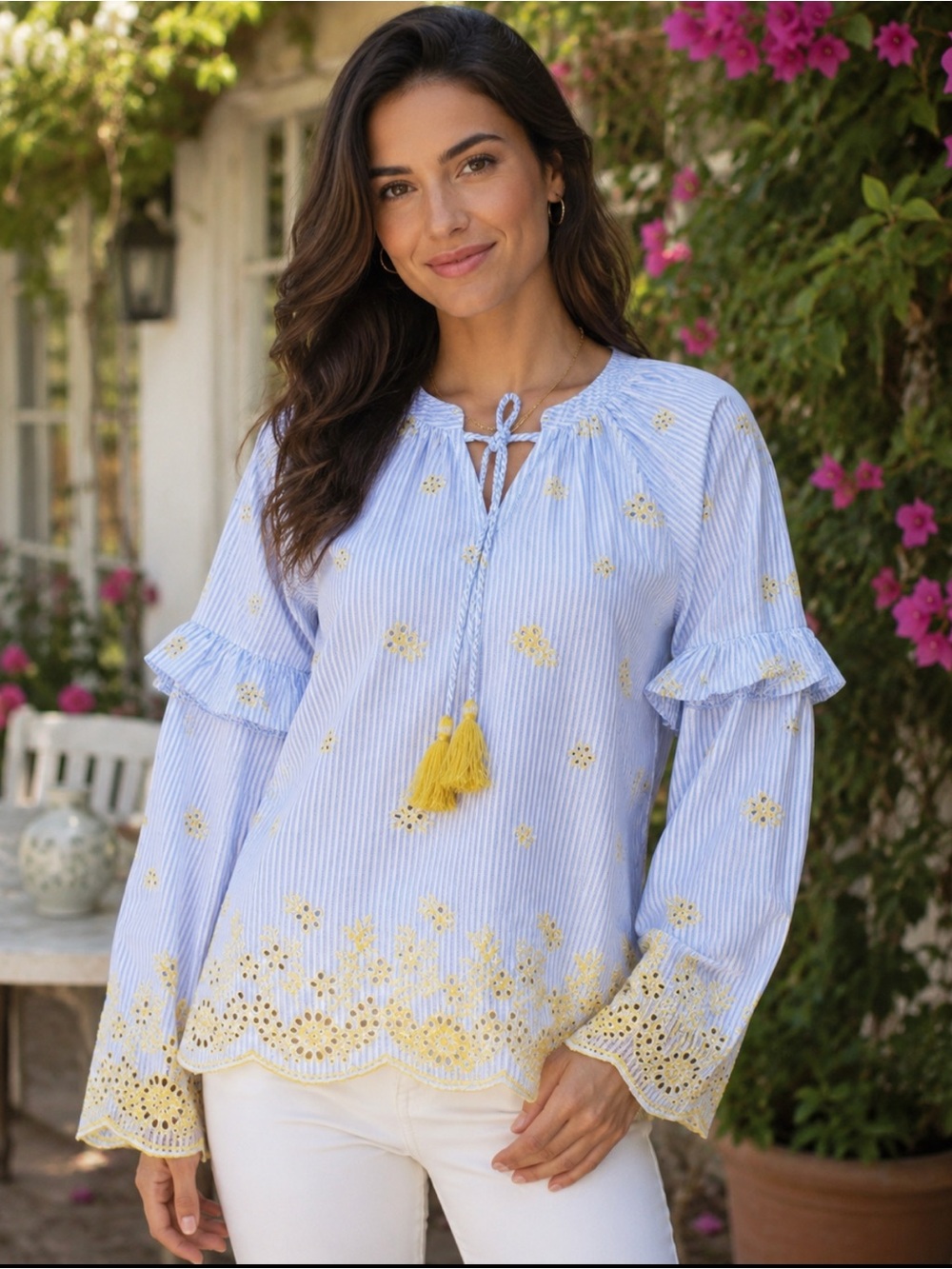 Very J Light Blue Striped Embroidered Tie-Neck Blouse with Yellow Tassels